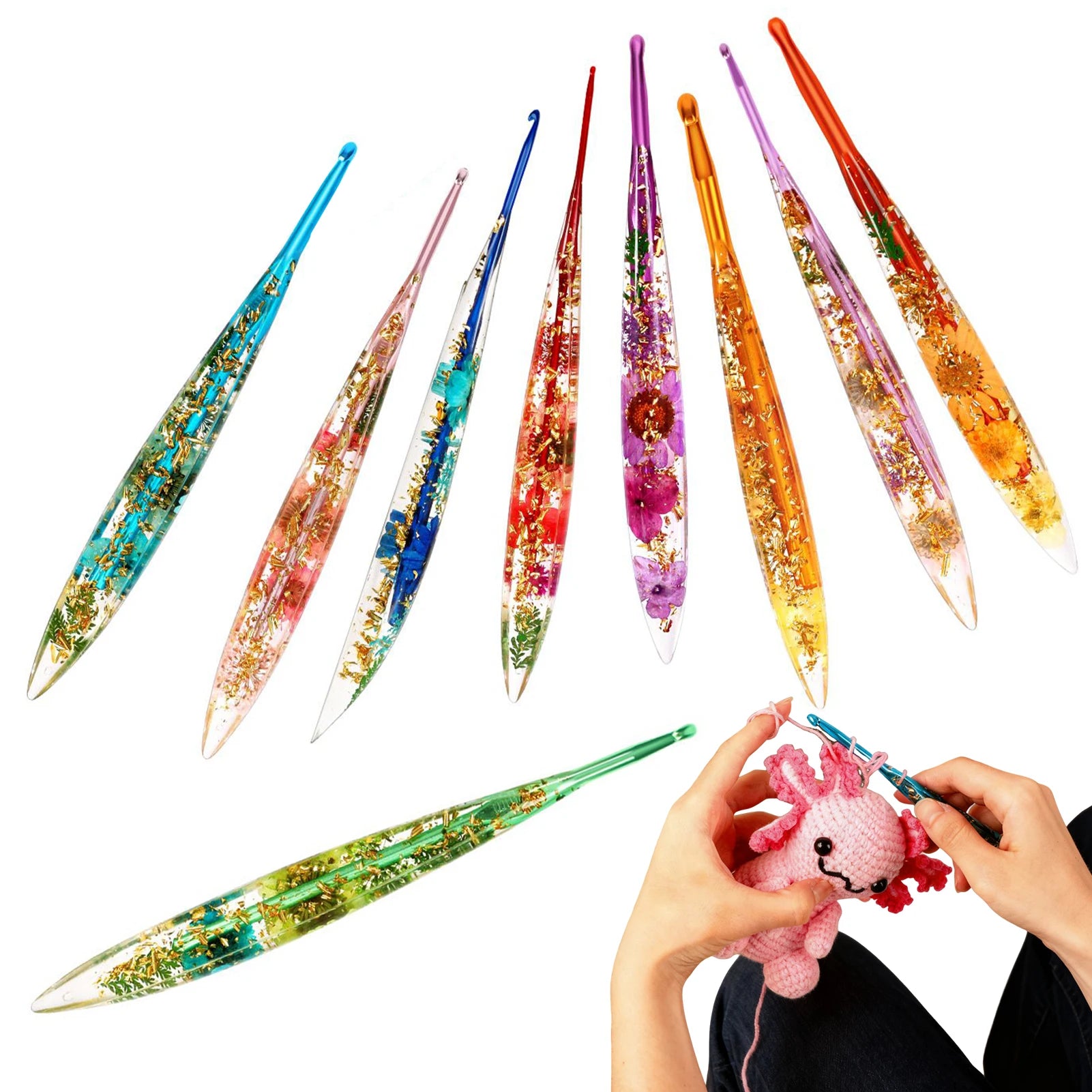Resin Crochet Hooks Ergonomic Stylish Floral Craft Yarn Weave 9 Pieces Knitting Needles Crochet Kit For Blanket Doll Hat Scarf