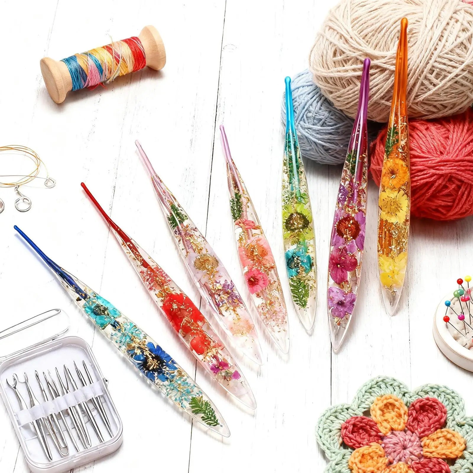 Resin Crochet Hooks Ergonomic Stylish Floral Craft Yarn Weave 9 Pieces Knitting Needles Crochet Kit For Blanket Doll Hat Scarf